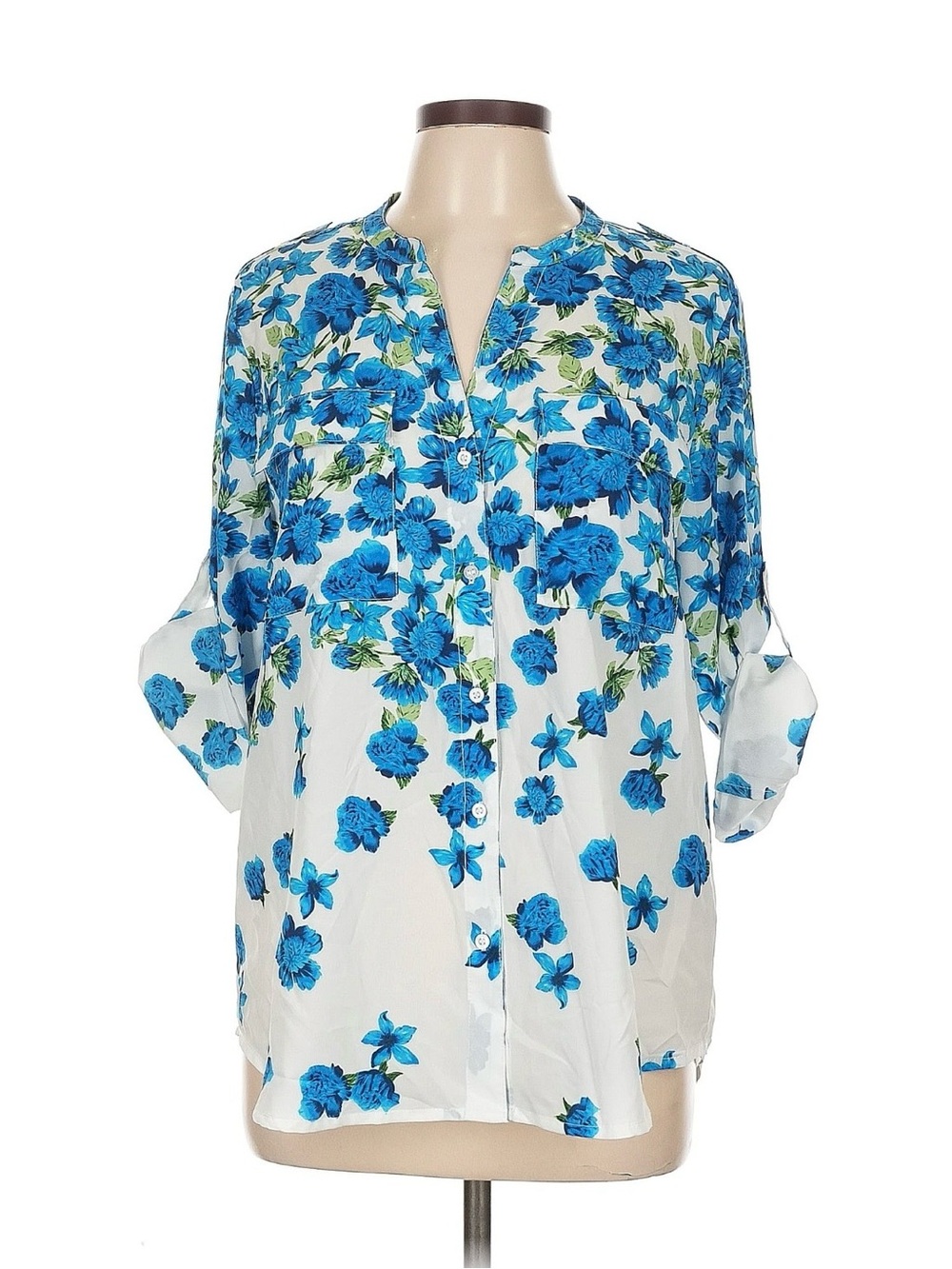 Calvin Klein White Floral Button-Up Blouse with Blue Flowers
